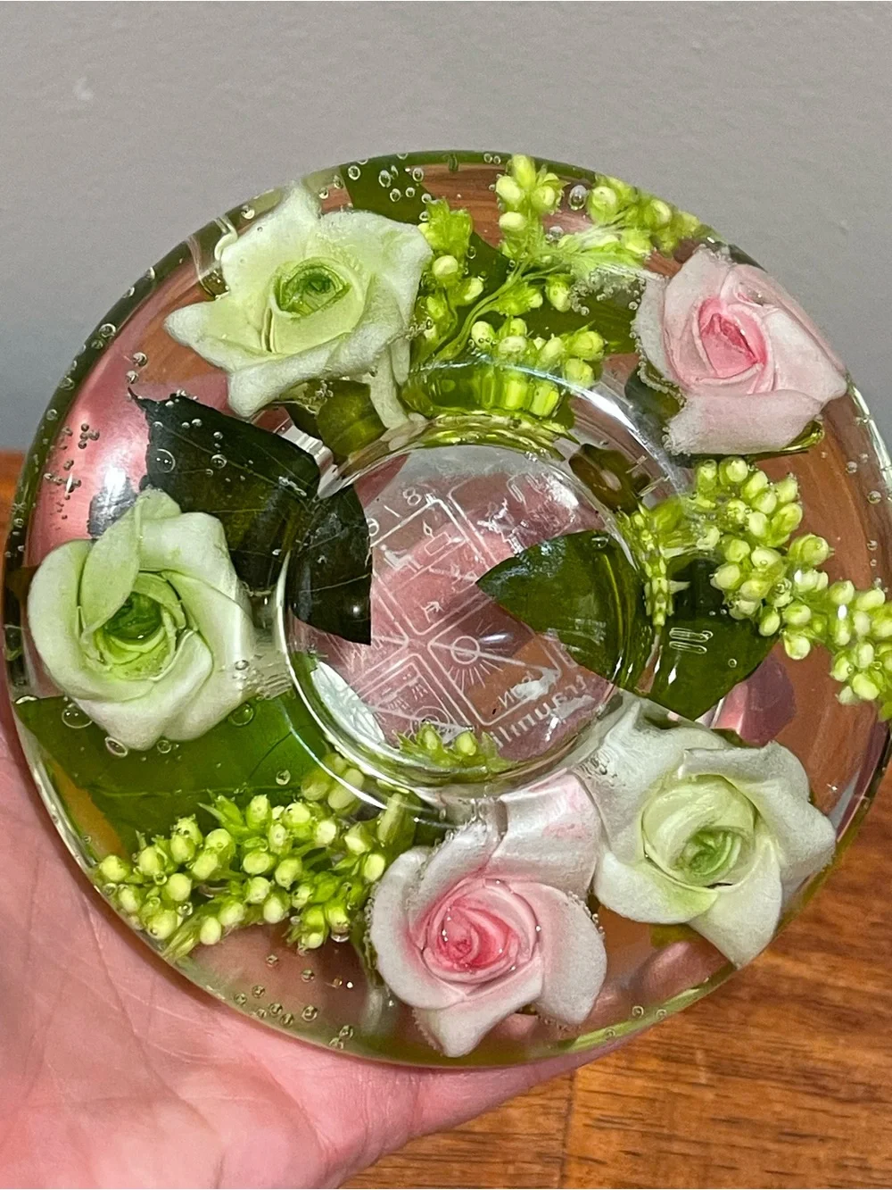Dreamlight TraumLicht Hand Blown Glass Tealight Candle Pink Green Roses Germany